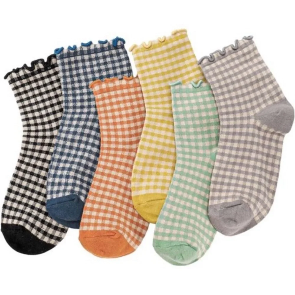 6 Pairs Women Ruffle Socks Striped Frilly Socks, Women Cute Socks Checkered